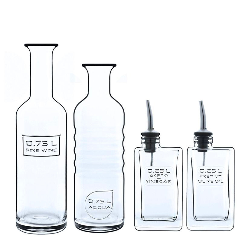 Optima Set Bottiglie Acqua Vino Olio e Aceto In Vetro Set 4 Pz